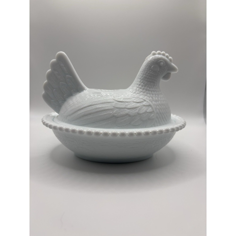 Indiana Glass Vintage White Milk Glass Hen On Nest HON Dish Beaded 7" MCM